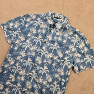 Baja Llama Mens Blue Palm Tree Slub Cotton Button Down Shirt Medium 360